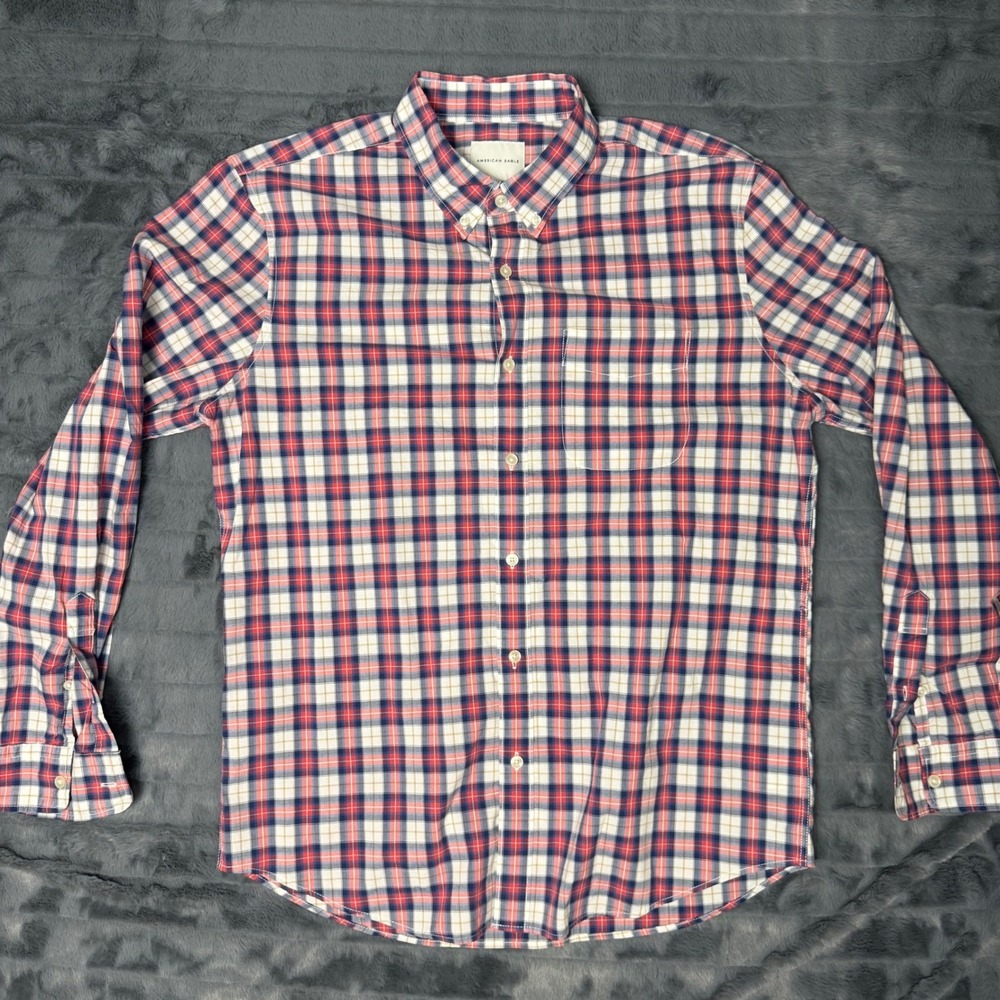 American Eagle Mens Large Plaid Button Down Shirt Red White Blue Cotton 6532